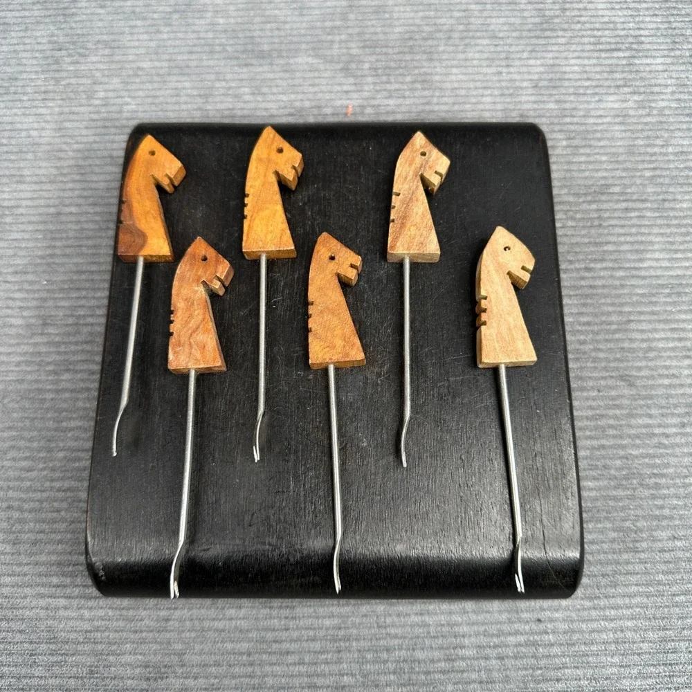 Vintage Wooden Horse Head Cocktail Picks Set of 6 Mid‎ Century Barware Appetizer